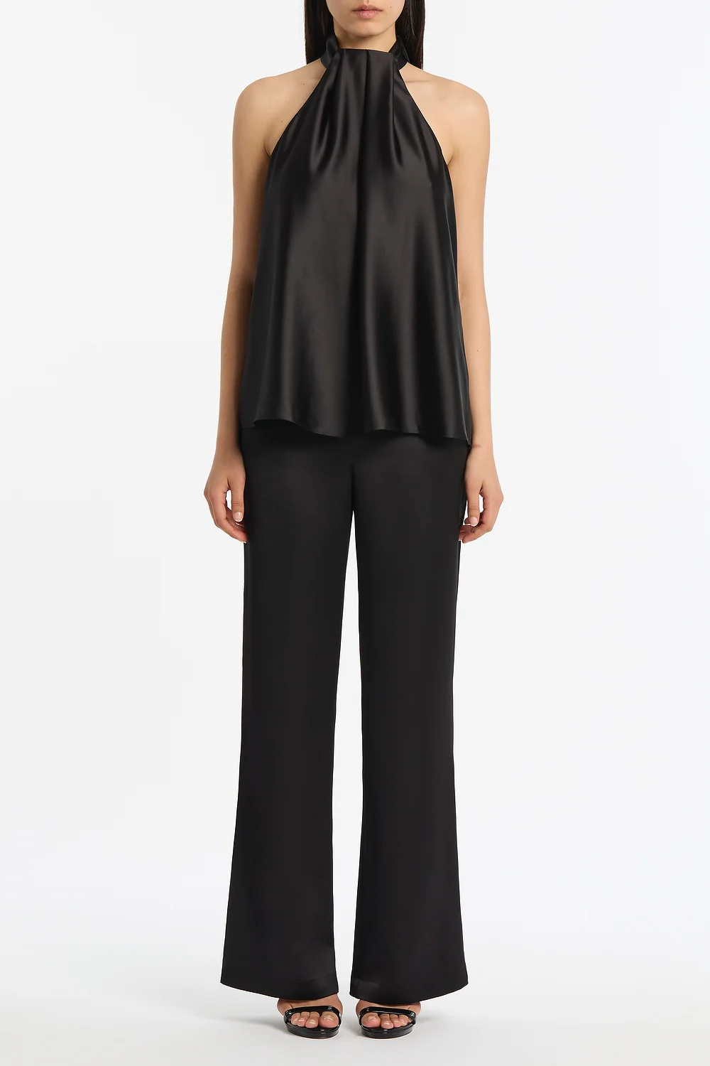 BLACK LUSTRE SATIN DRAPE NECK TOP