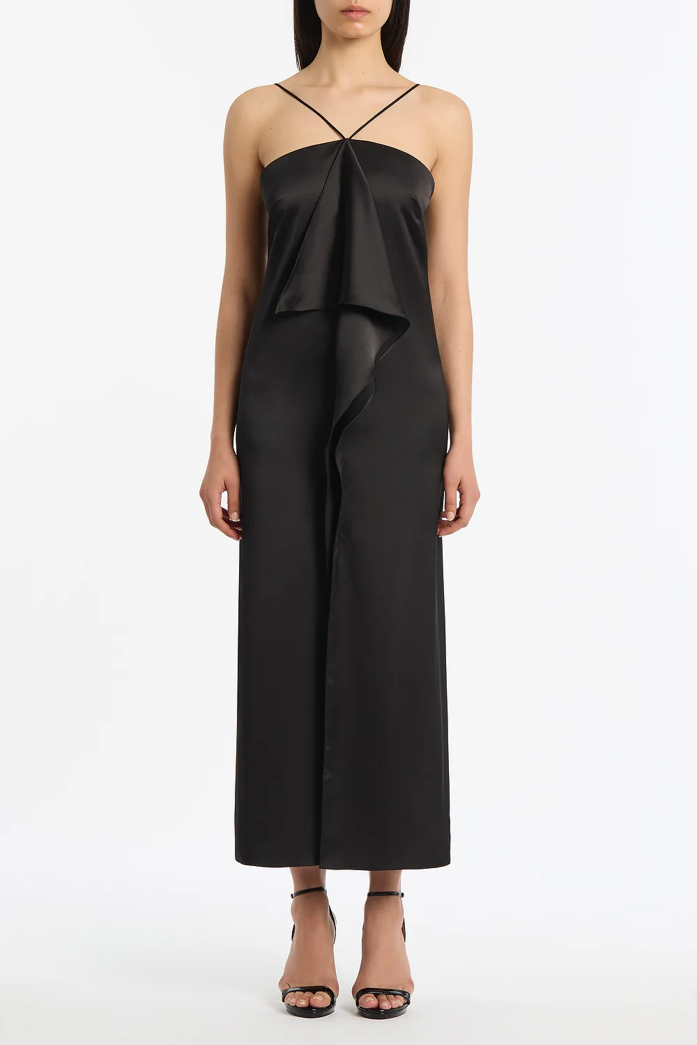 BLACK LUSTRE SATIN FRILL FRONT DRESS