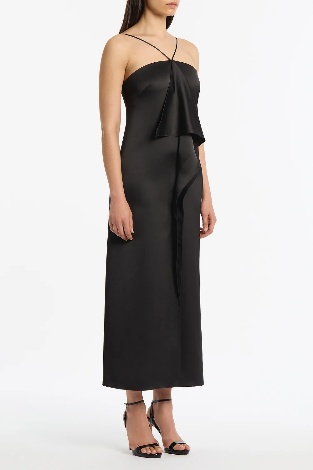 BLACK LUSTRE SATIN FRILL FRONT DRESS - Image 2