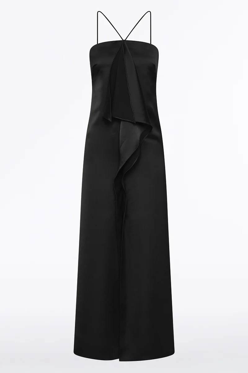 BLACK LUSTRE SATIN FRILL FRONT DRESS - Image 5