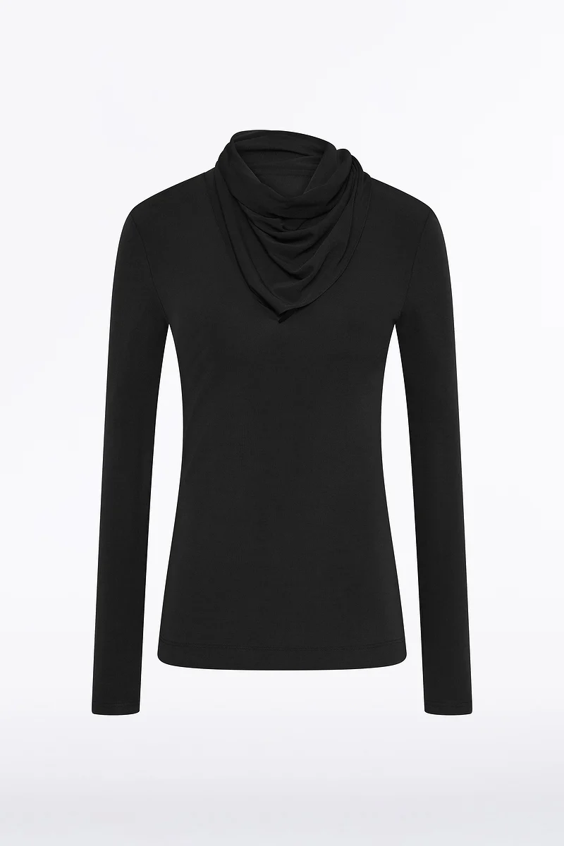BLACK MATTE JERSEY LONG SLEEVE SCARF TOP - Image 4