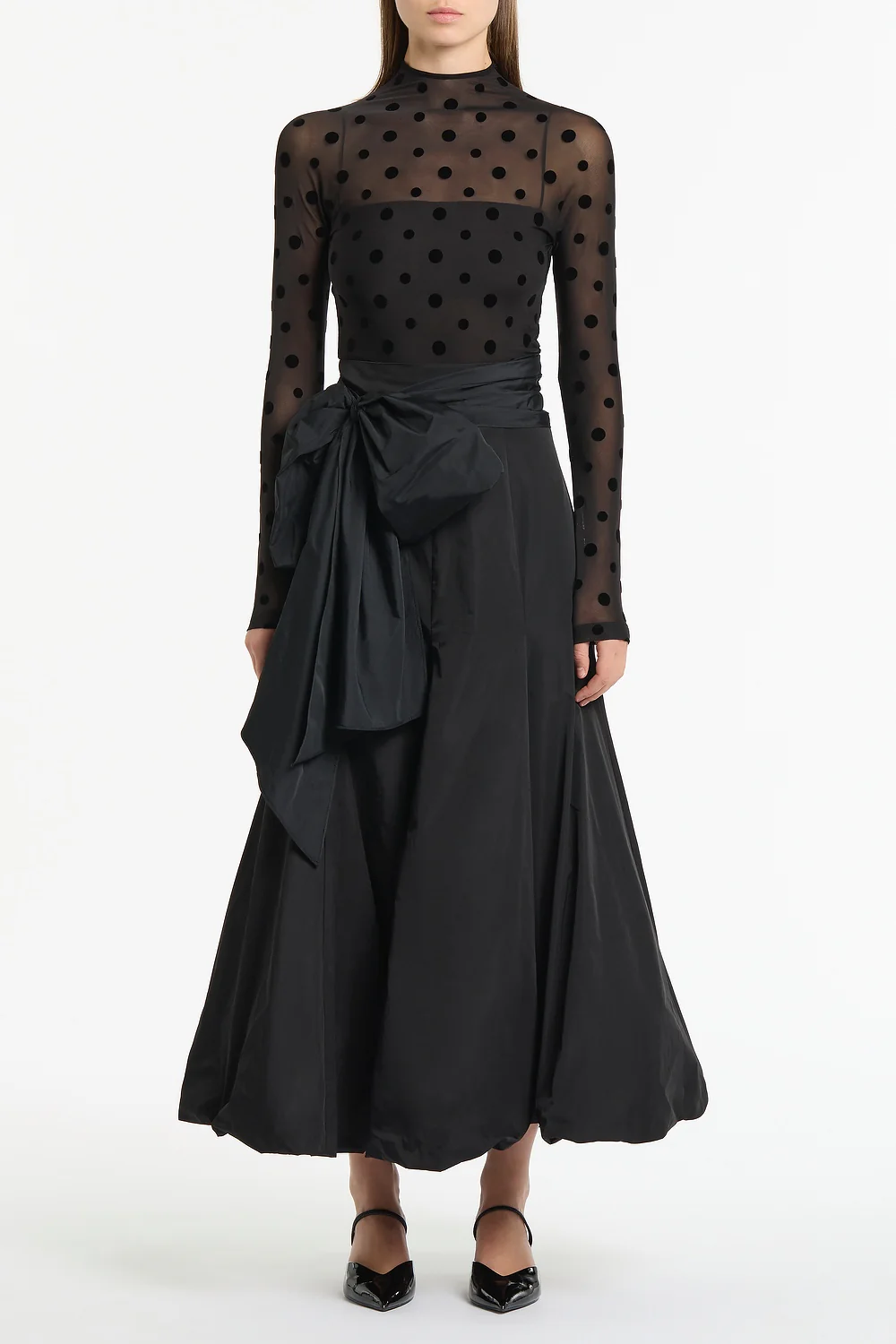 BLACK MESH SPOT LONG SLEEVE TOP