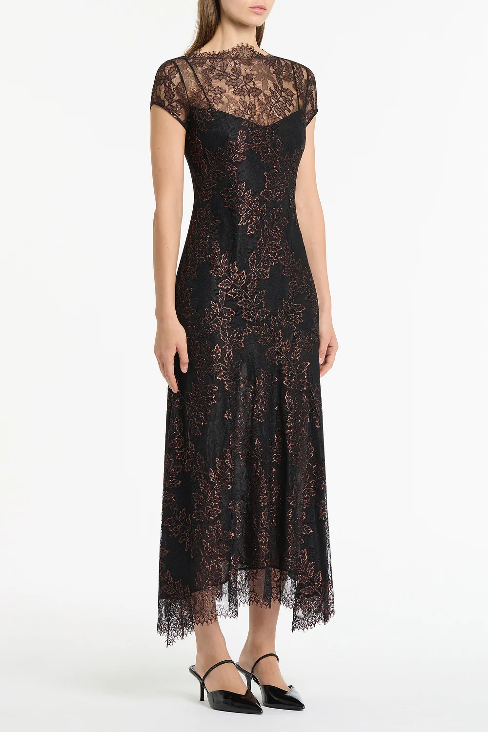 BLACK METALLIC LACE CAP SLEEVE MIDI DRESS - Image 2