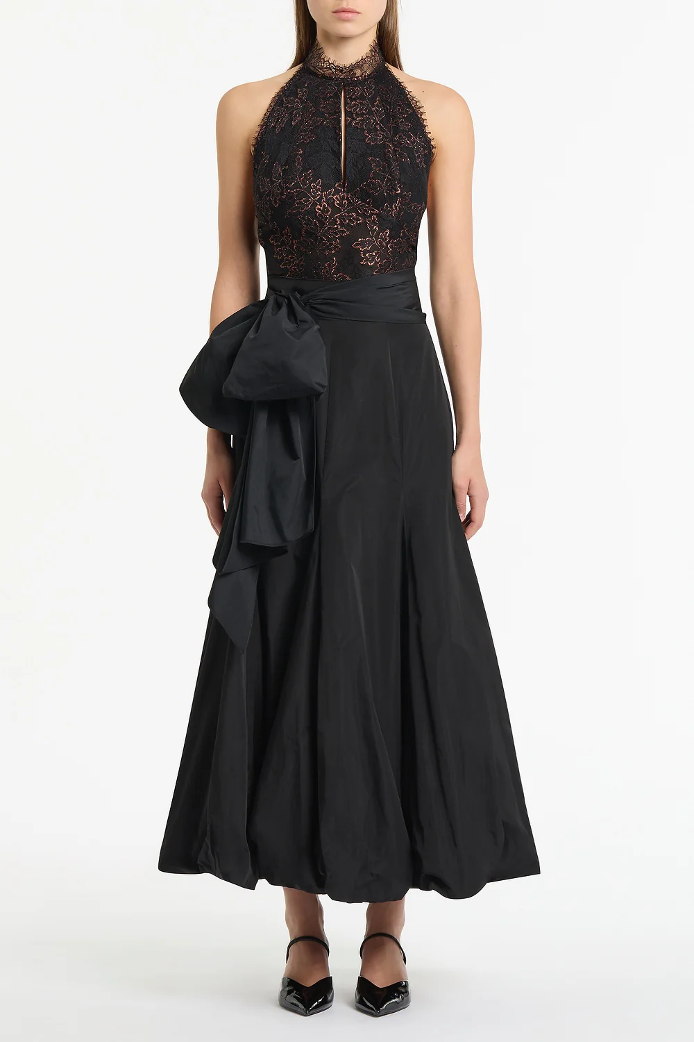 BLACK METALLIC LACE HALTER TOP