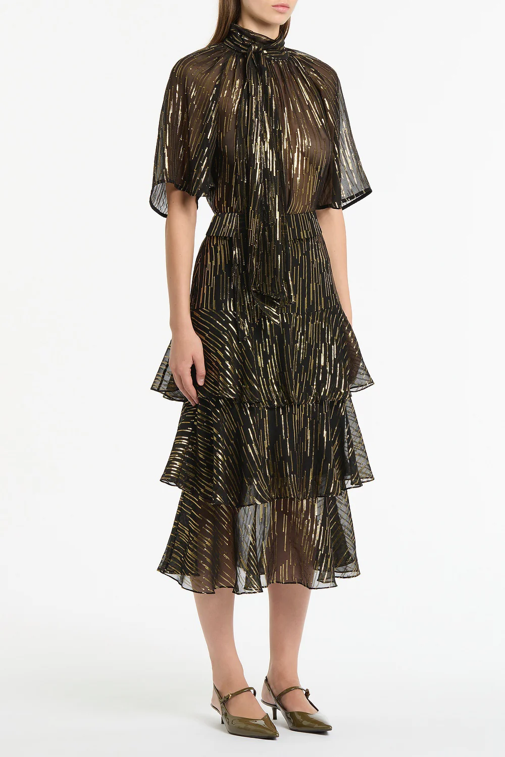 BLACK METALLIC SILK JACQUARD FLUTED SLEEVE TOP - Image 2