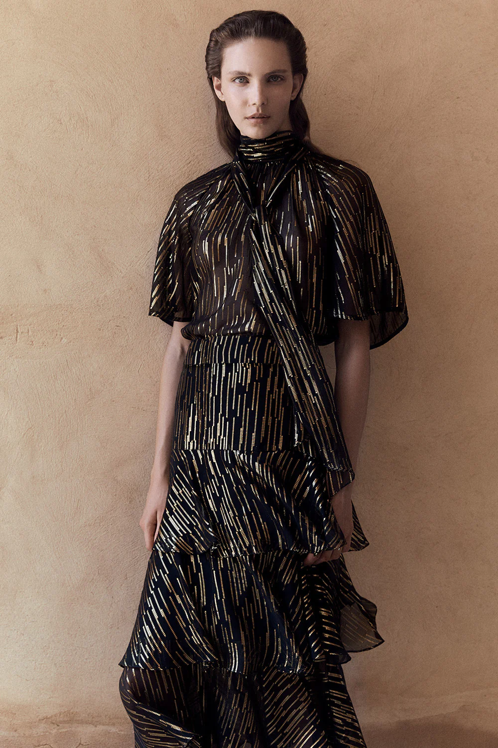 BLACK METALLIC SILK JACQUARD FLUTED SLEEVE TOP - Image 5