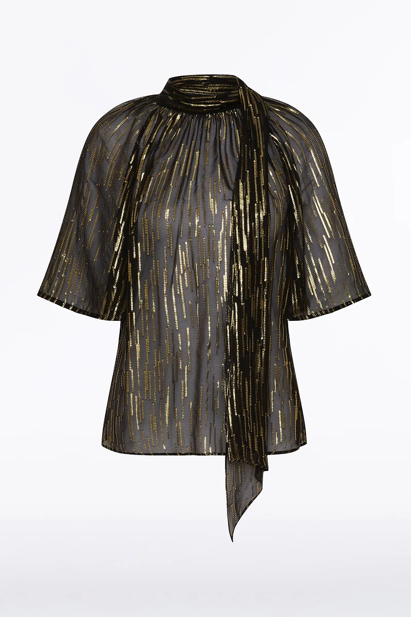 BLACK METALLIC SILK JACQUARD FLUTED SLEEVE TOP - Image 6