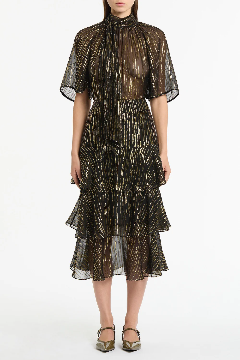 BLACK METALLIC SILK JACQUARD TIERED RUFFLE SKIRT