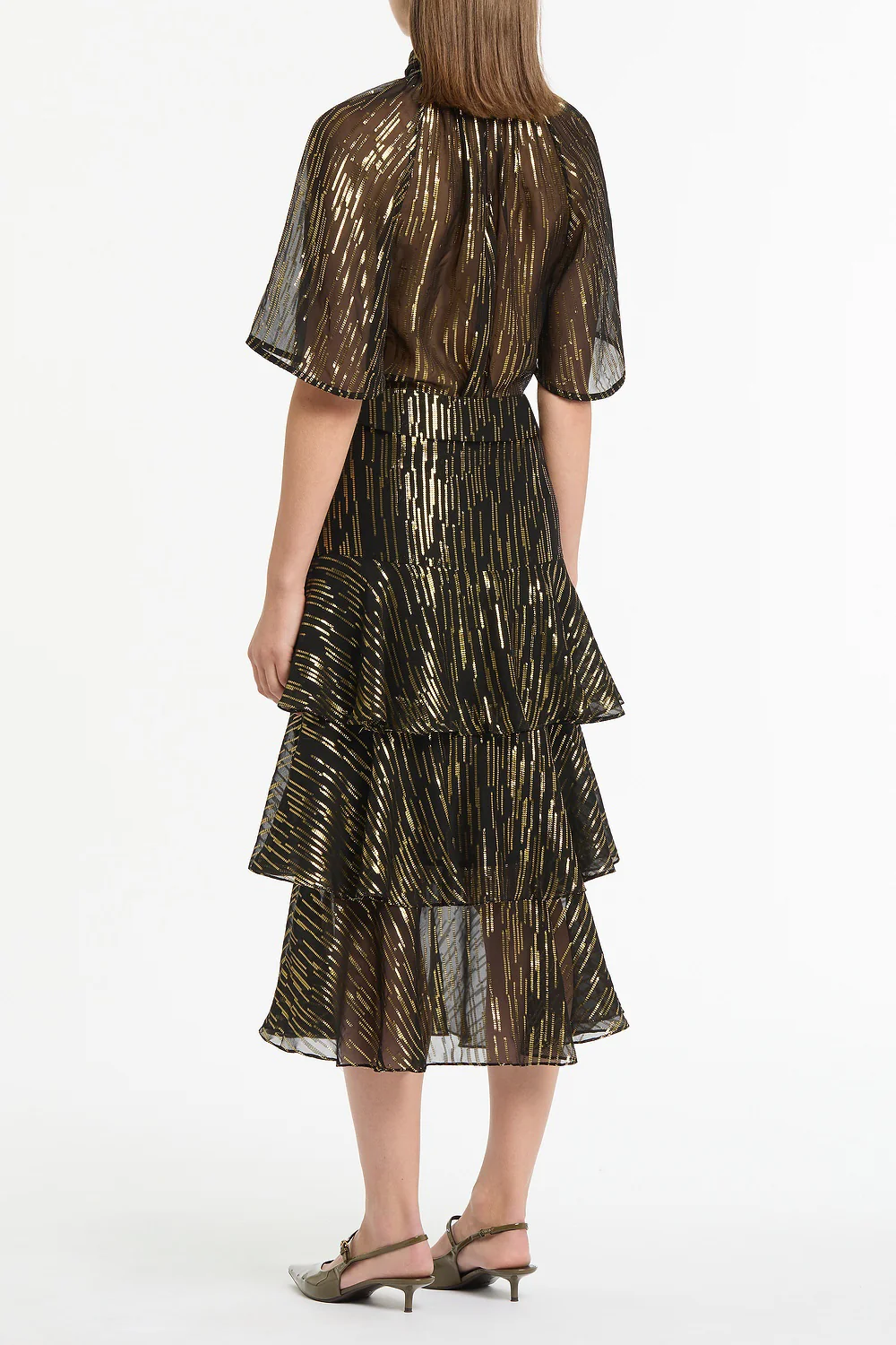 BLACK METALLIC SILK JACQUARD TIERED RUFFLE SKIRT - Image 3