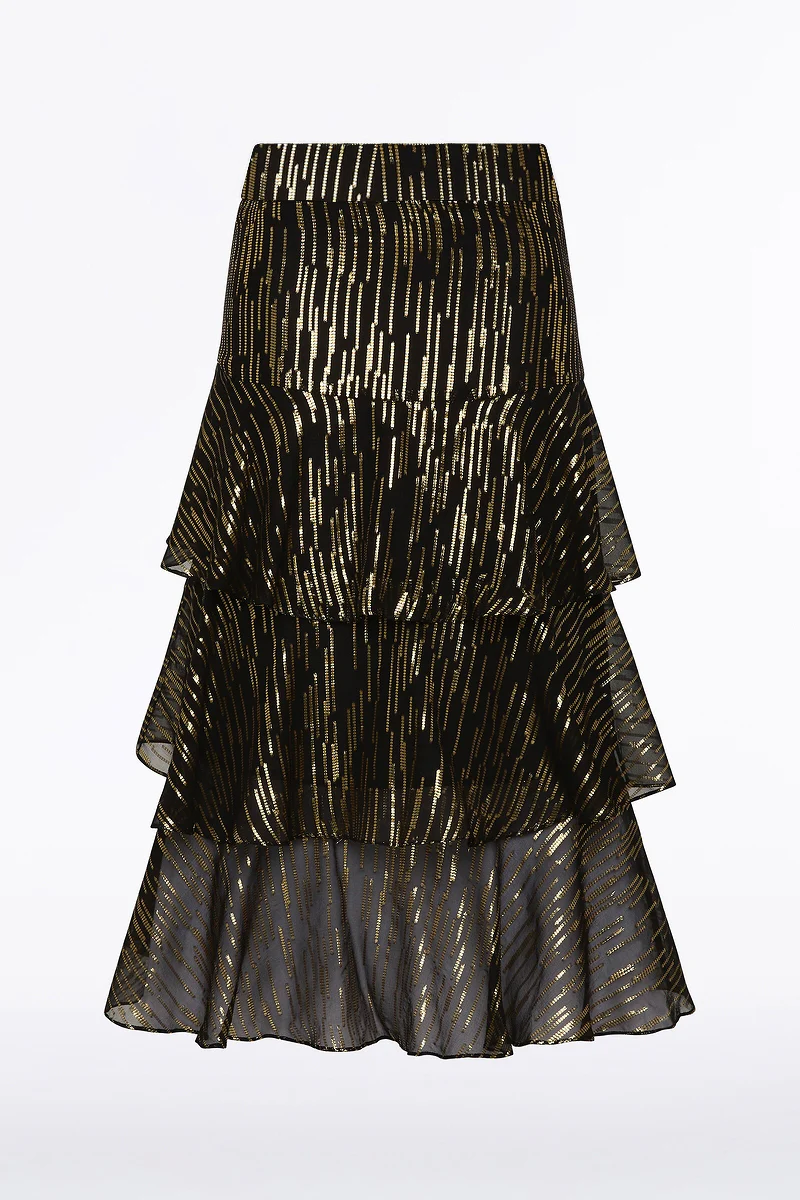 BLACK METALLIC SILK JACQUARD TIERED RUFFLE SKIRT - Image 5