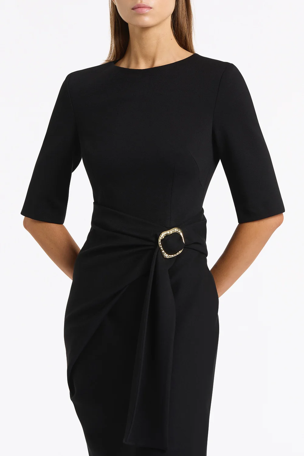 BLACK PONTE OVERLAY WRAP DRESS - Image 4