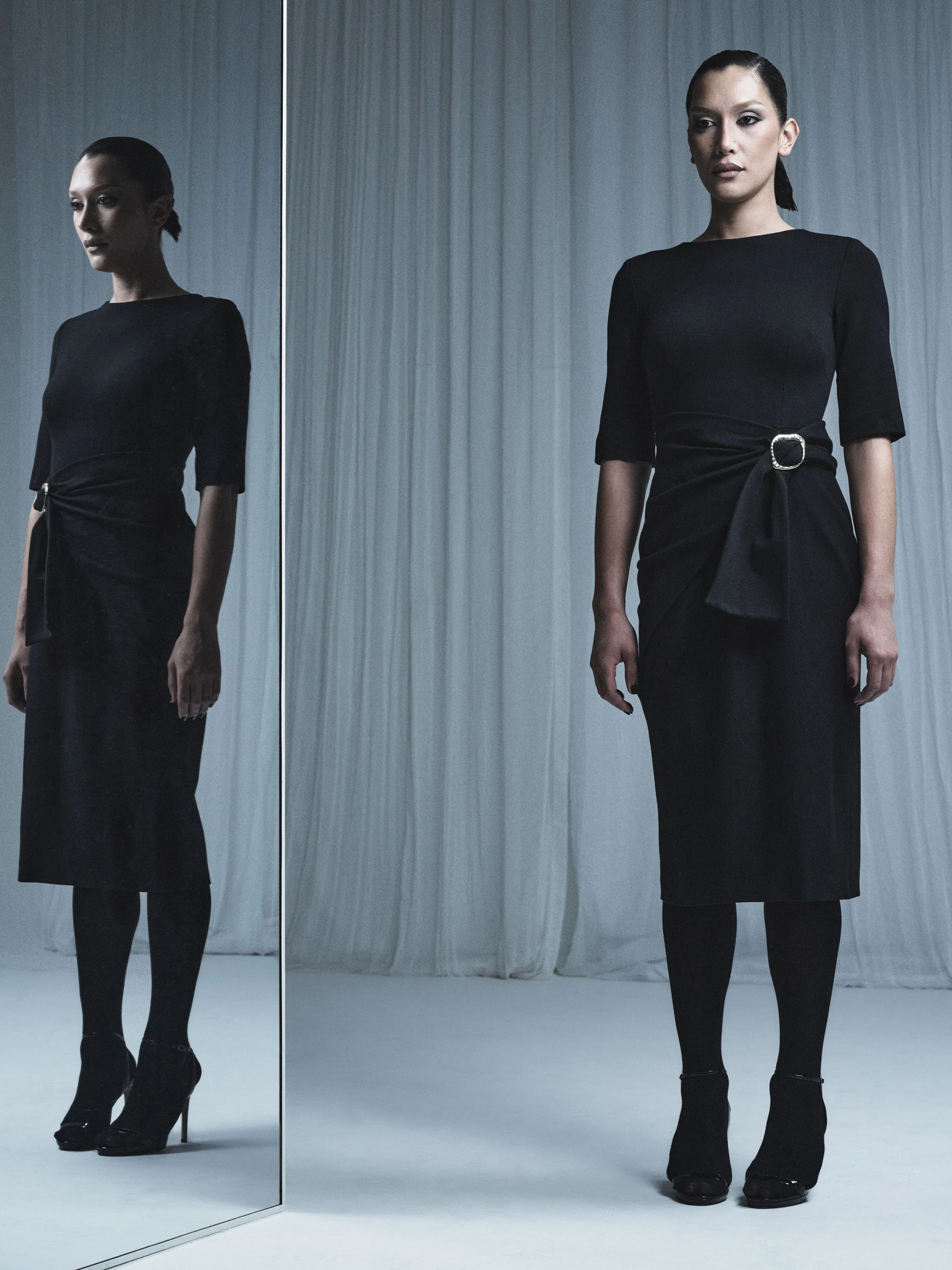 BLACK PONTE OVERLAY WRAP DRESS - Image 5