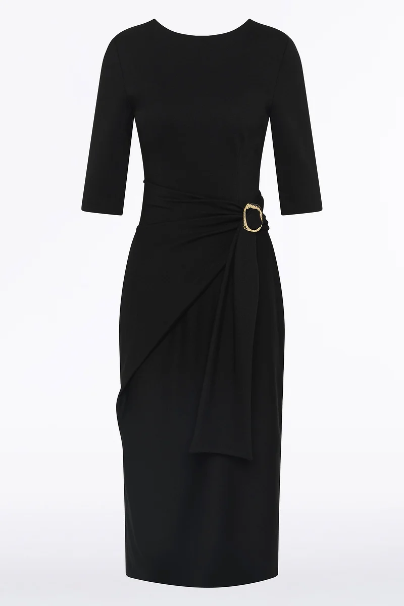 BLACK PONTE OVERLAY WRAP DRESS - Image 6