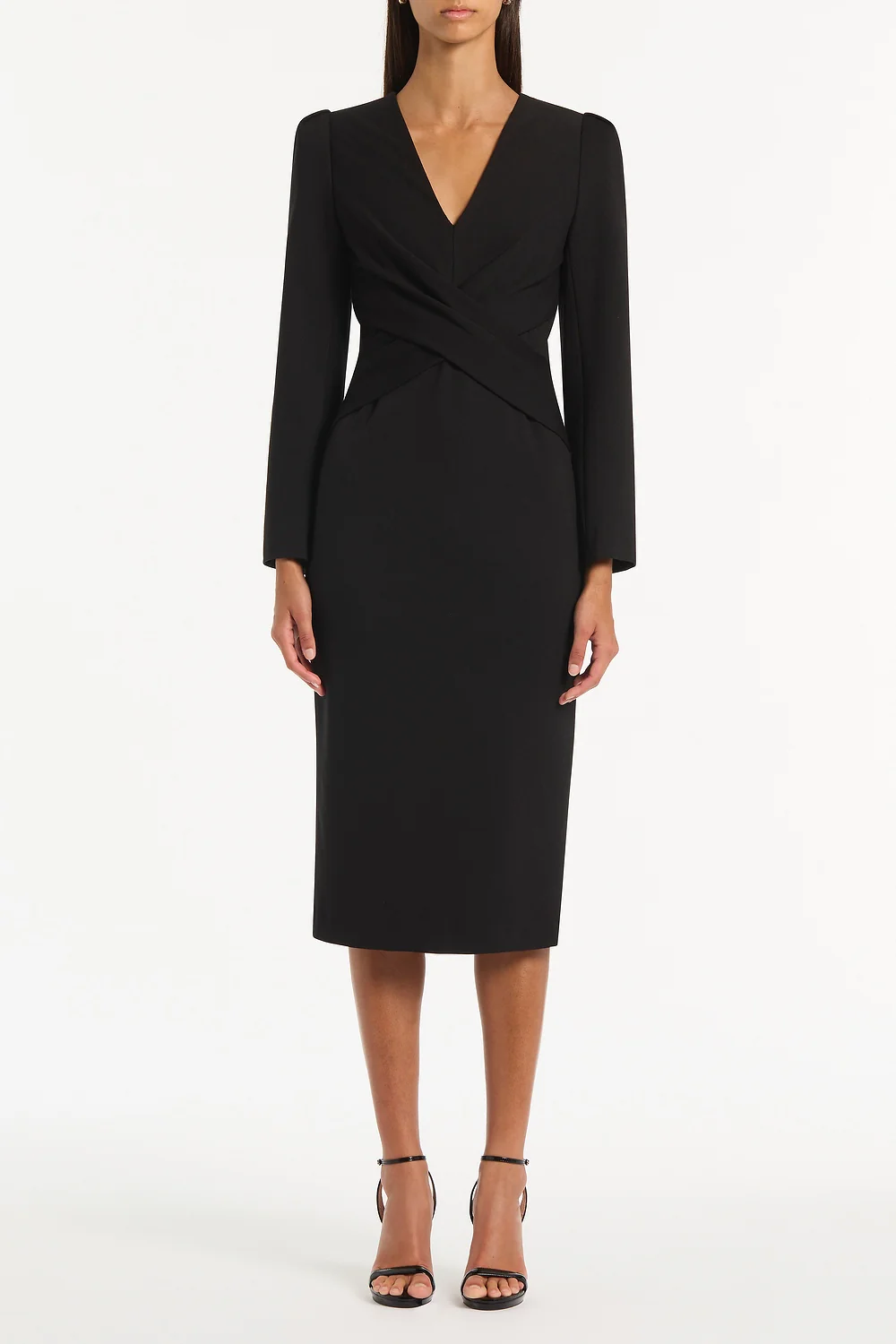 BLACK PONTE TWIST FRONT MIDI DRESS