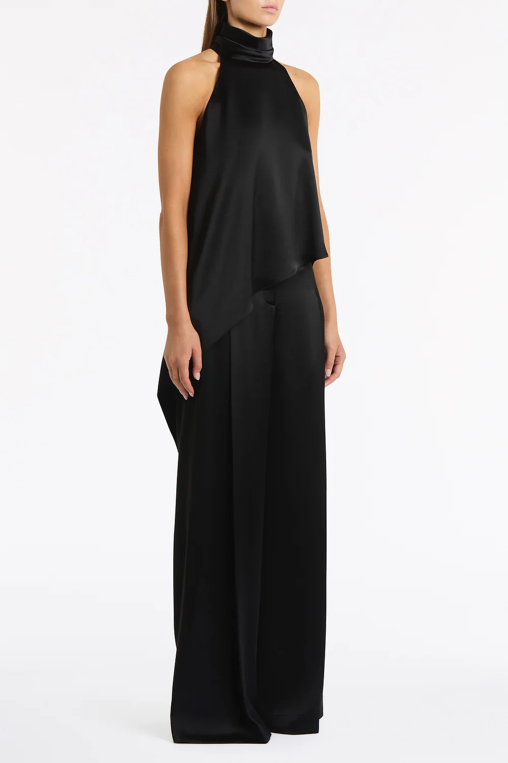 BLACK SATIN ACETATE DRAPED ASYMMETRIC TOP - Image 2
