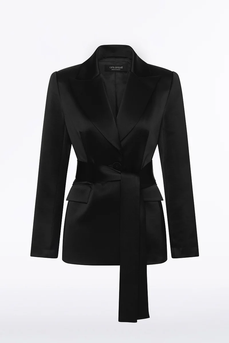 BLACK SATIN ACETATE TIE WAIST BLAZER - Image 5