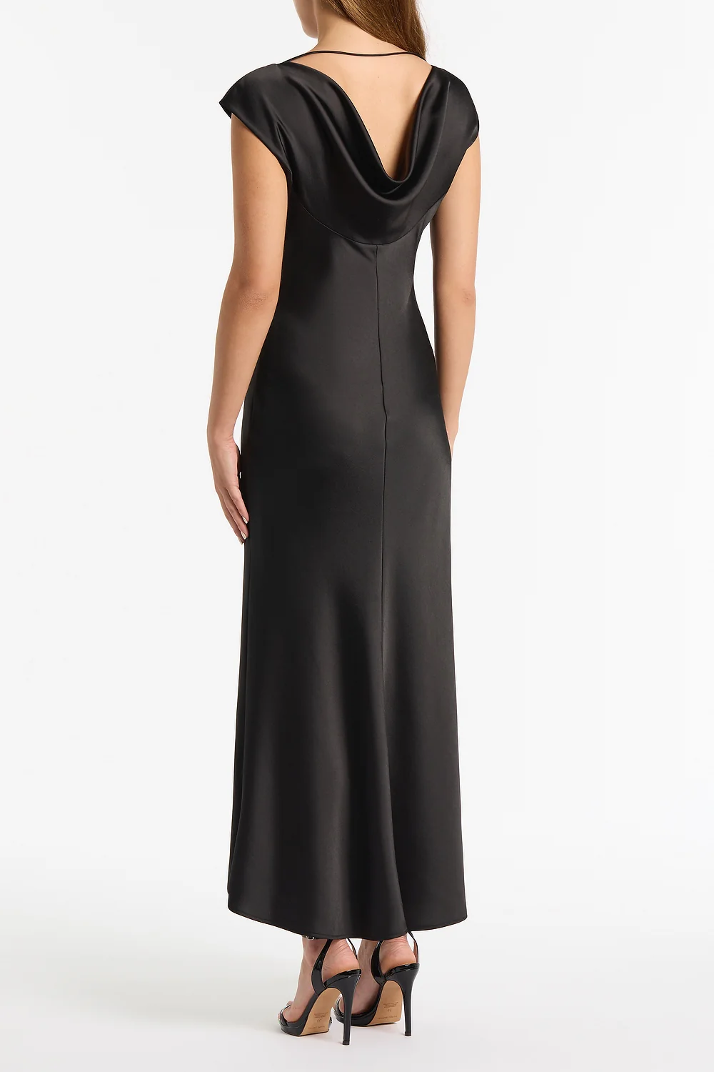 BLACK SATIN COWL BACK DRESS - Image 2