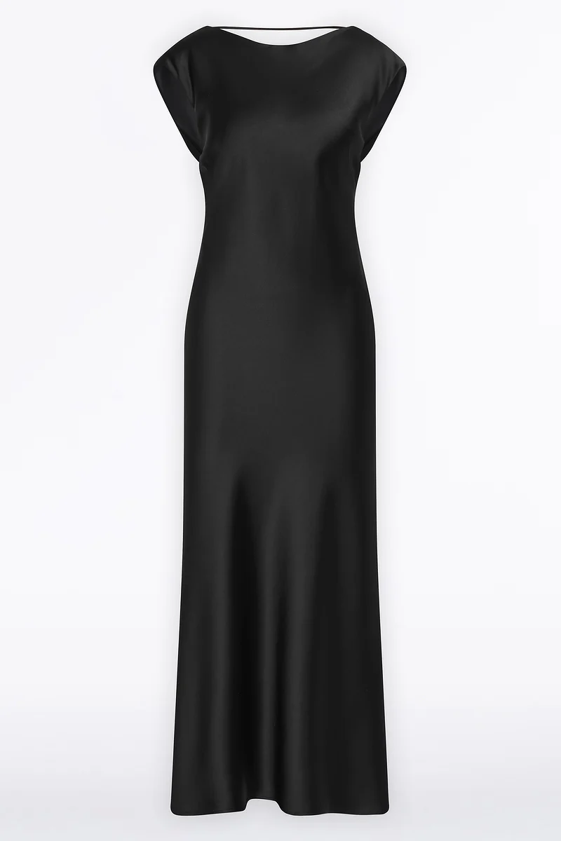 BLACK SATIN COWL BACK DRESS - Image 5