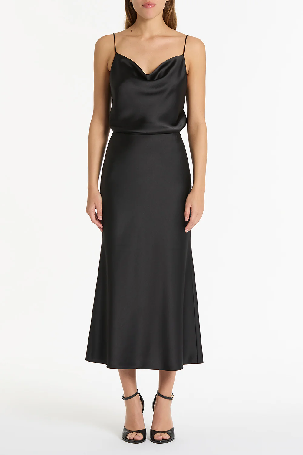 BLACK SATIN COWL NECK CAMI
