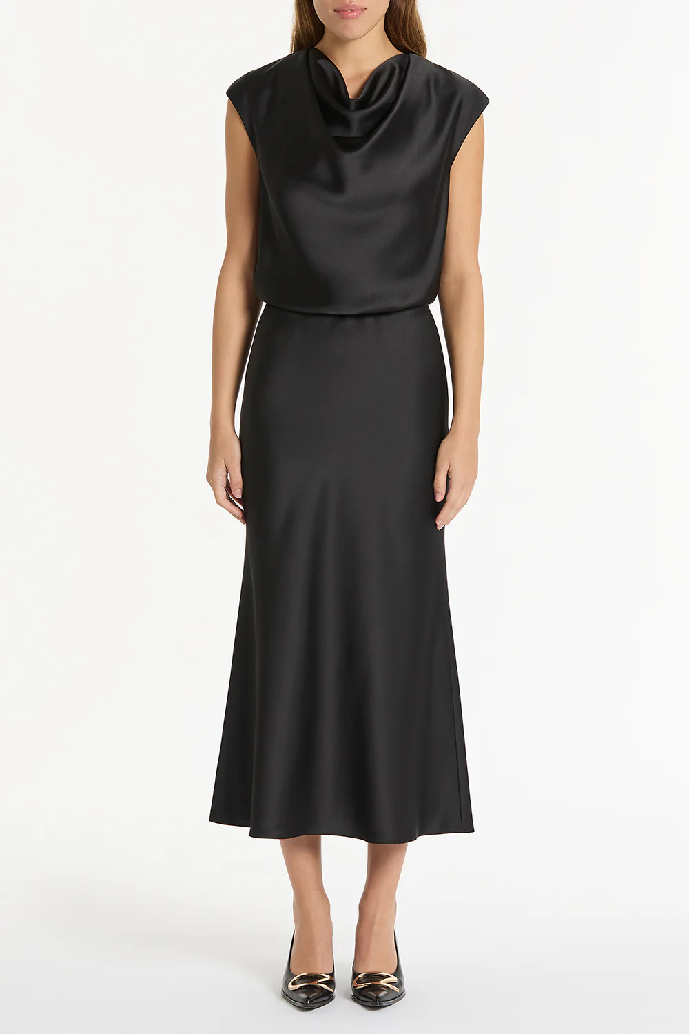 BLACK SATIN COWL NECK TOP