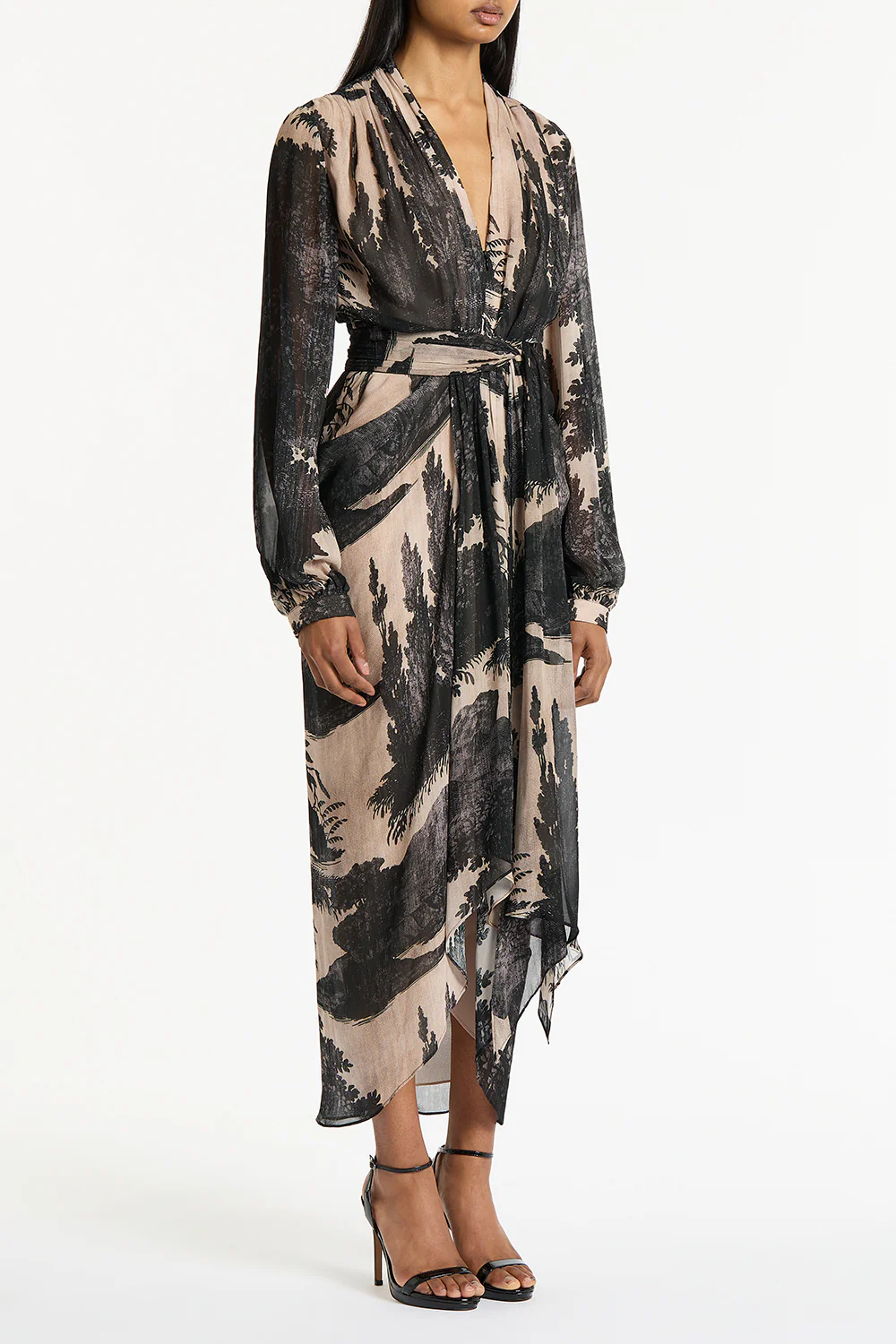 BLACK SCENICA GEORGETTE WATERFALL DRESS - Image 3