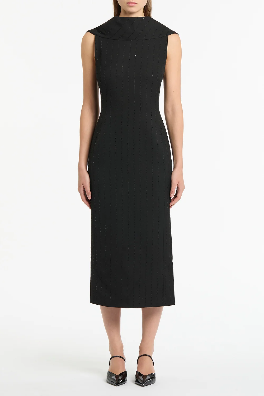BLACK STARLIGHT TWILL COWL FRONT DRESS