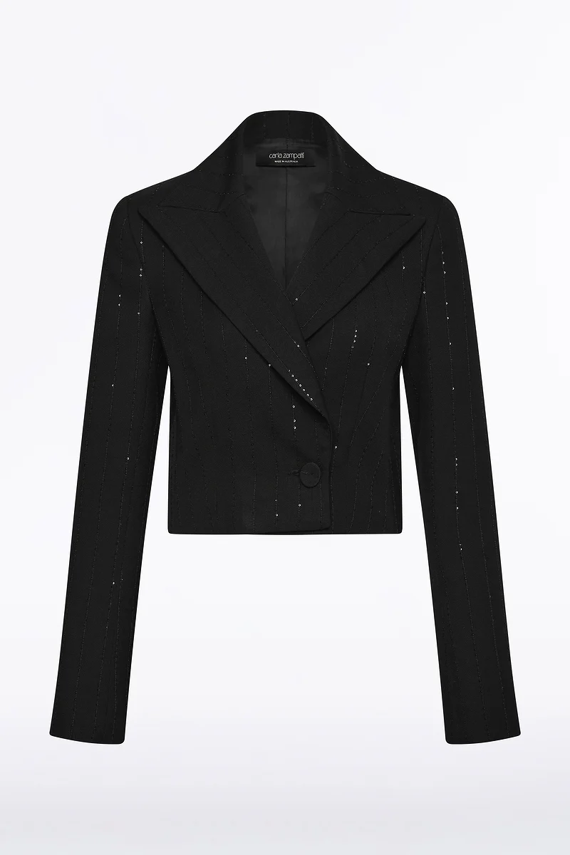 BLACK STARLIGHT TWILL PEAKED LAPEL CROPPED JACKET - Image 6