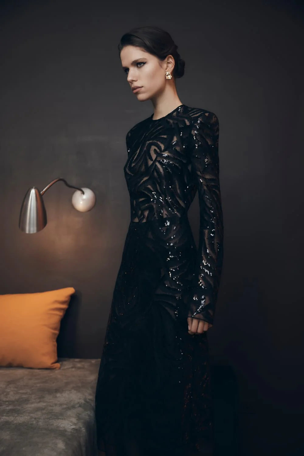 BLACK SWIRL SEQUIN LONG SLEEVE MIDI DRESS - Image 5
