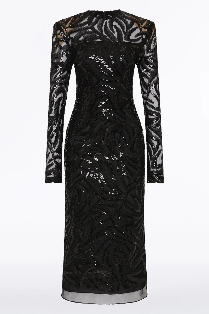 BLACK SWIRL SEQUIN LONG SLEEVE MIDI DRESS - Image 8