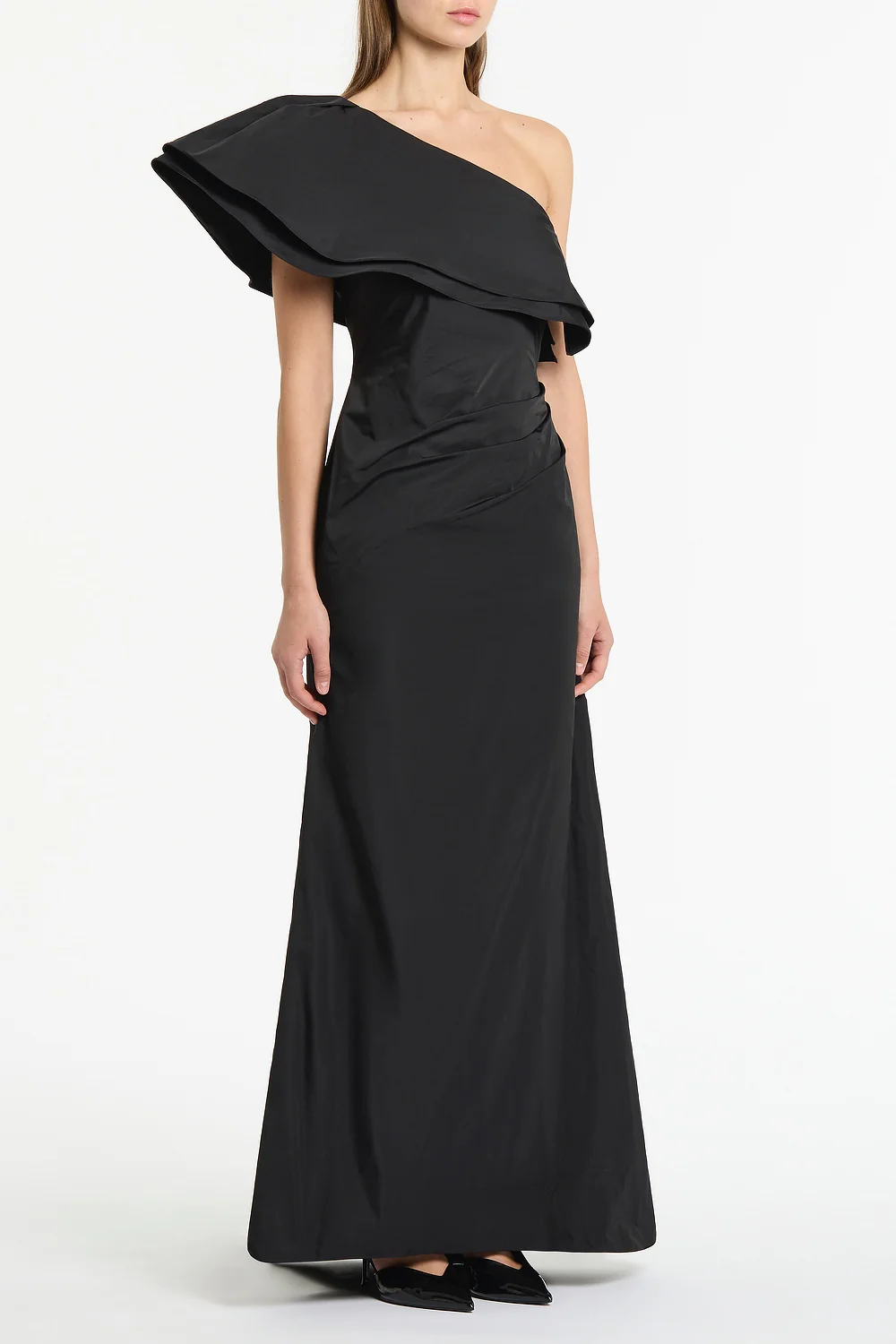 BLACK TAFFETA ASYMMETRIC ONE SHOULDER DRESS - Image 2