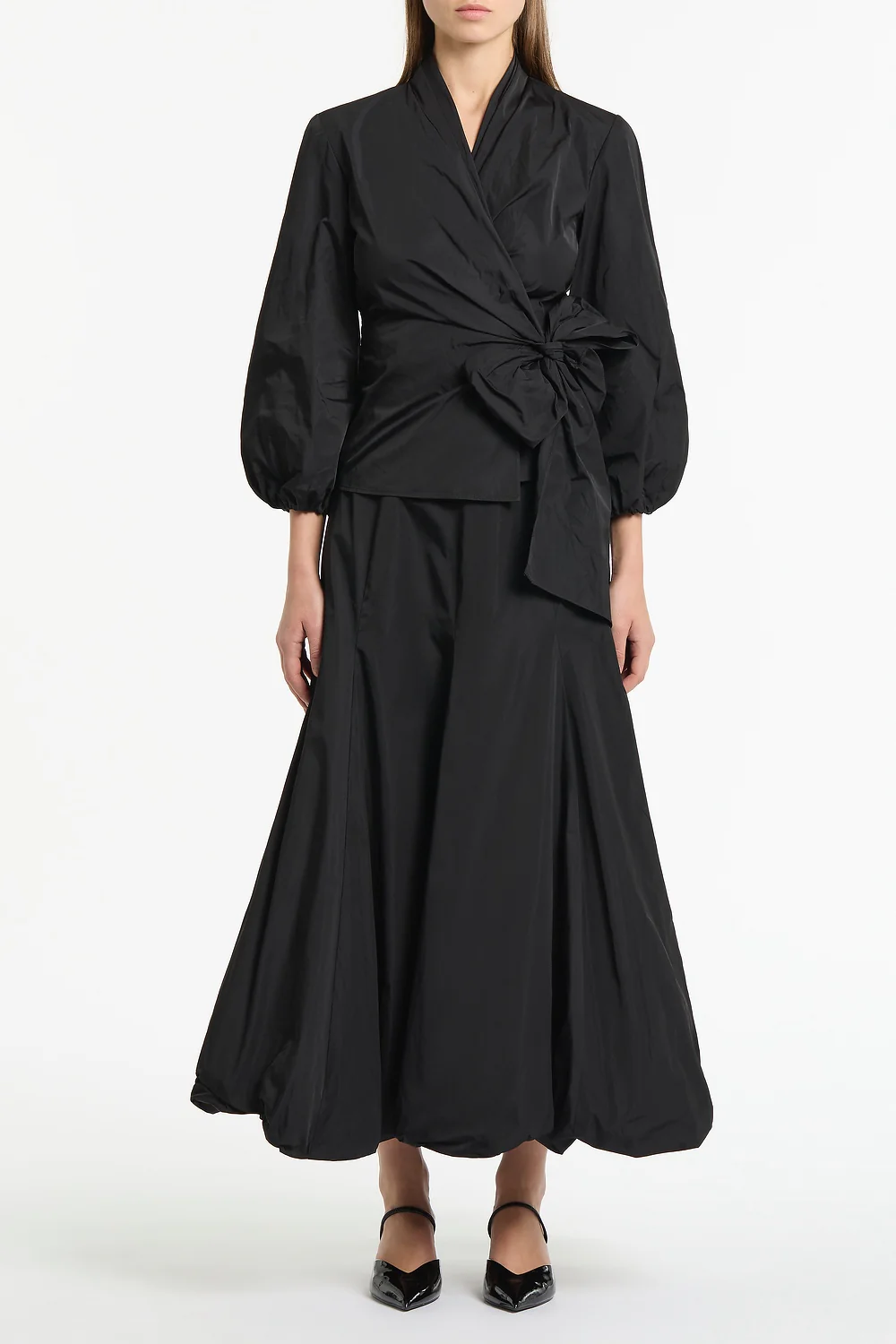 BLACK TAFFETA PUFF SLEEVE WRAP TOP