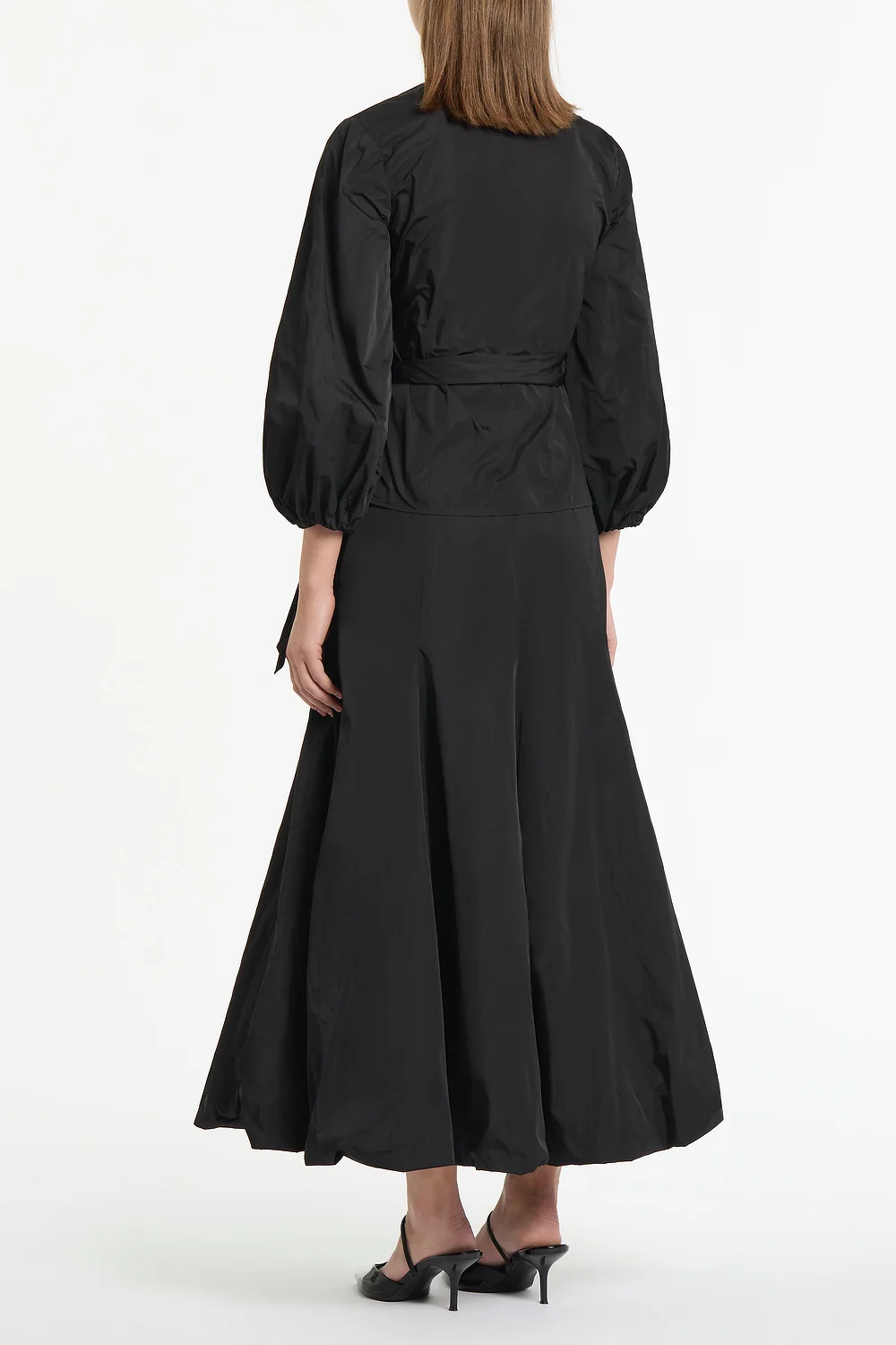 BLACK TAFFETA PUFF SLEEVE WRAP TOP - Image 3
