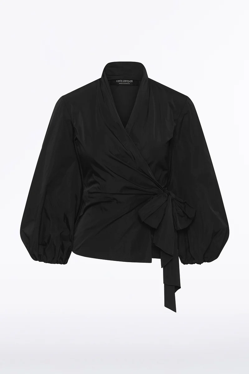 BLACK TAFFETA PUFF SLEEVE WRAP TOP - Image 4