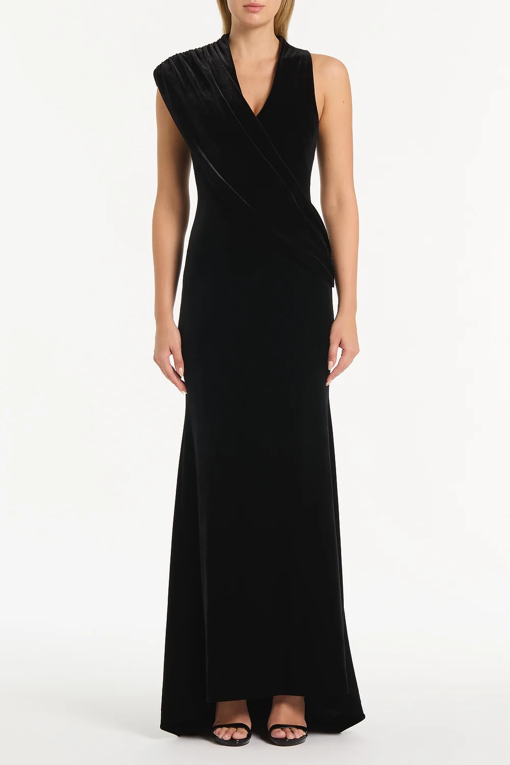 BLACK VELVET DRAPED GOWN