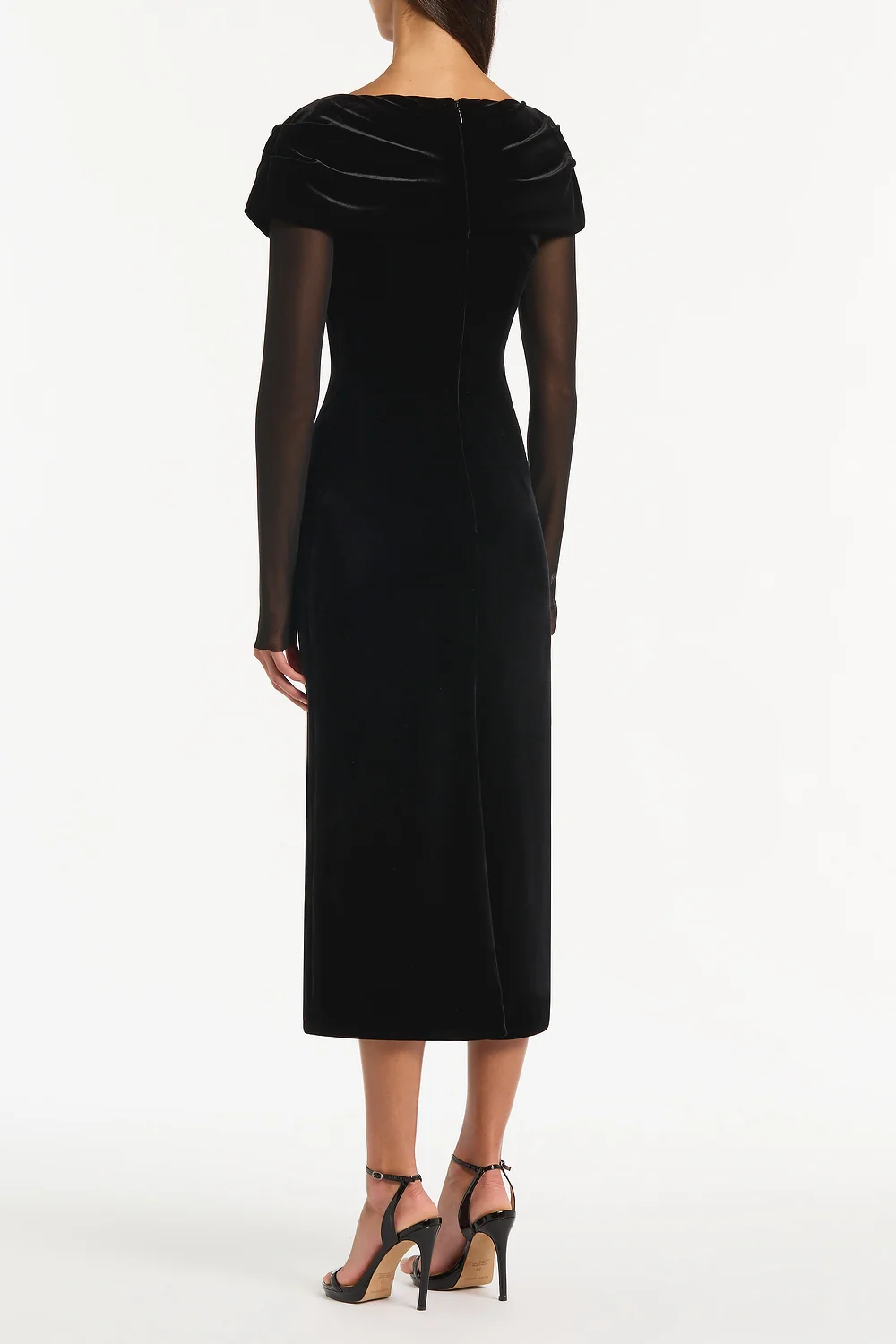 BLACK VELVET MESH DRAPED SHOULDER MIDI DRESS - Image 2