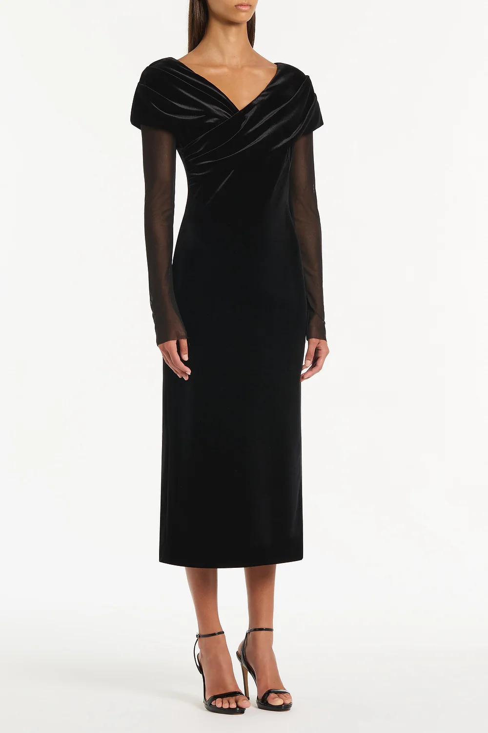 BLACK VELVET MESH DRAPED SHOULDER MIDI DRESS - Image 3