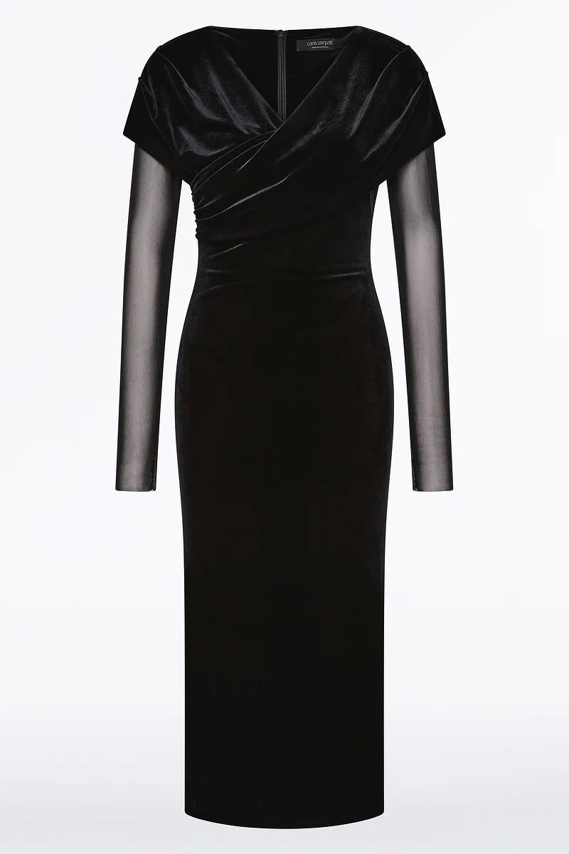 BLACK VELVET MESH DRAPED SHOULDER MIDI DRESS - Image 4