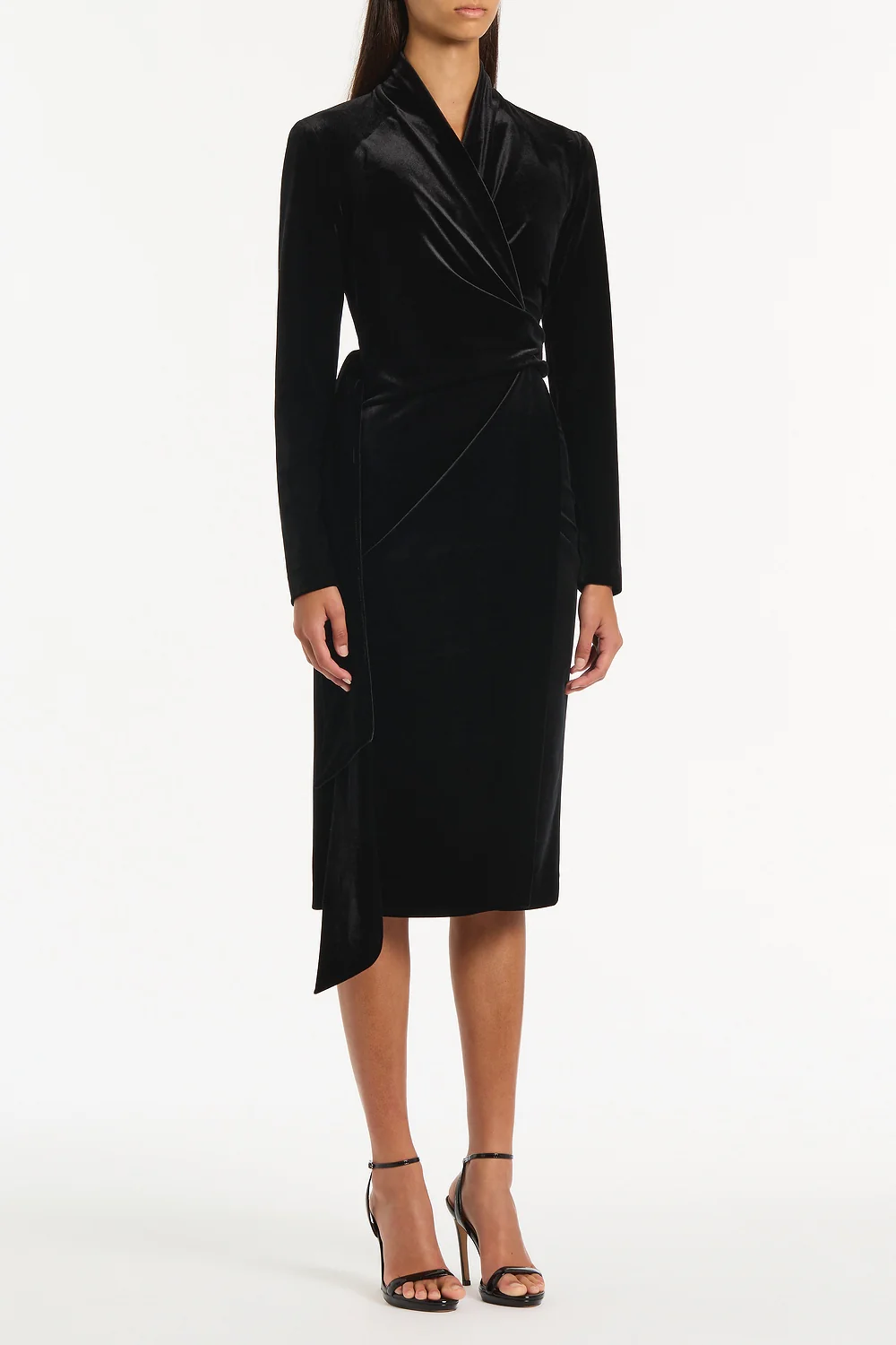BLACK VELVET TIE FRONT MIDI DRESS - Image 3
