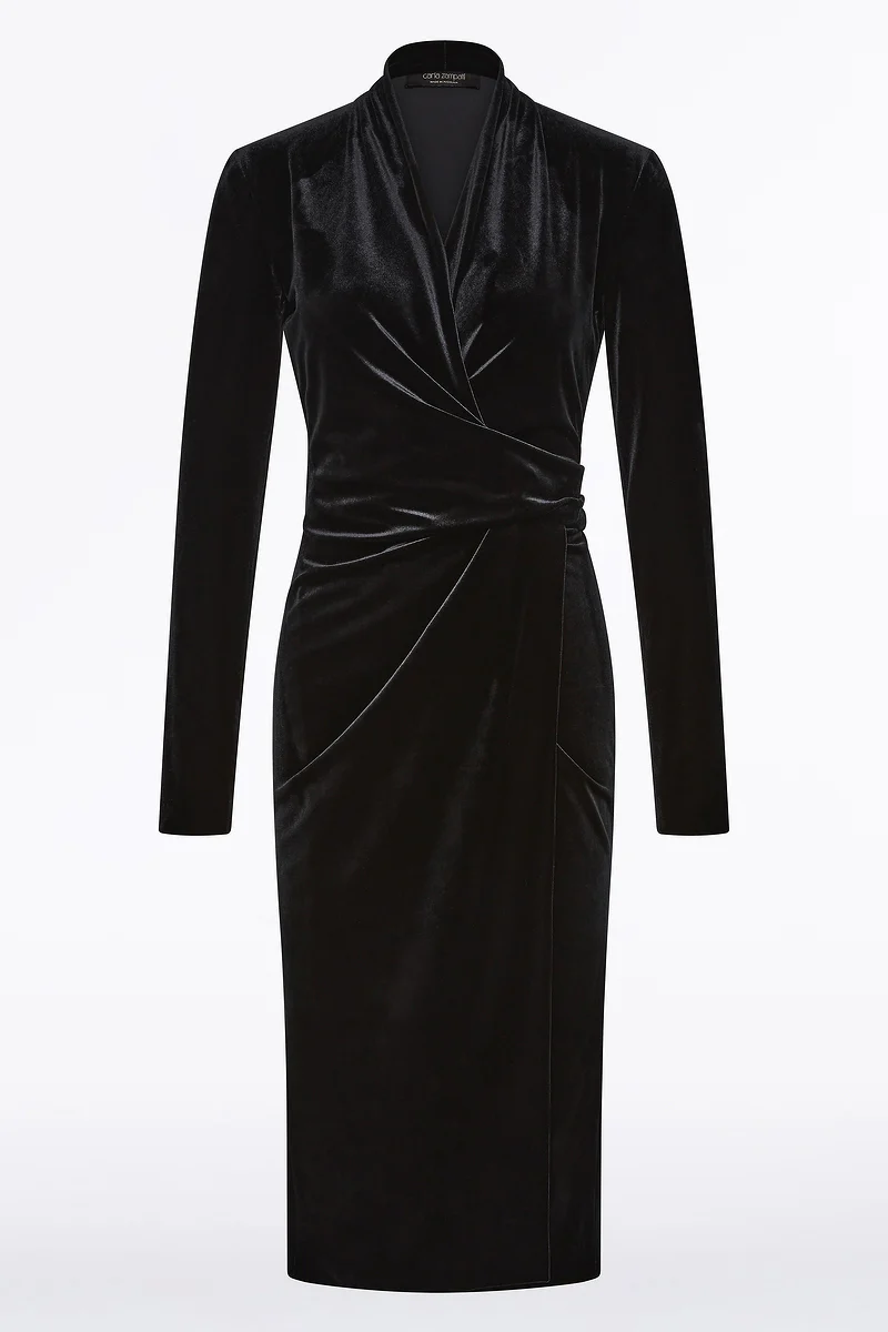 BLACK VELVET TIE FRONT MIDI DRESS - Image 4