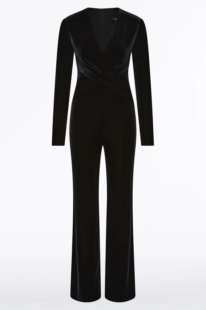 BLACK VELVET TUCK FRONT JUMPSUIT - Image 4