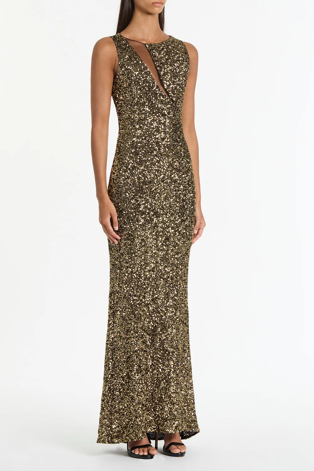BRONZE CRUSHED SEQUIN MESH-INSERT DRESS - Image 3