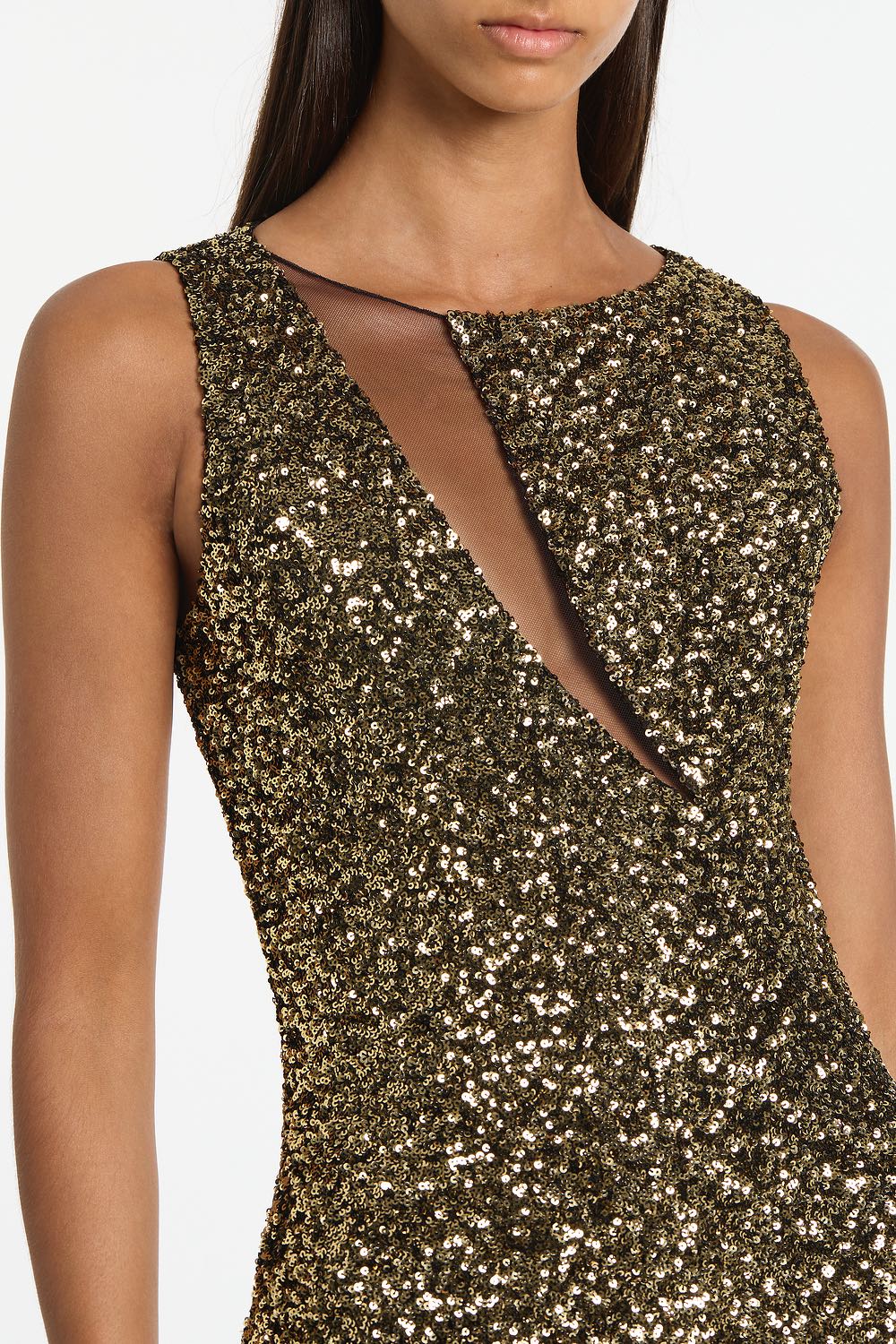 BRONZE CRUSHED SEQUIN MESH-INSERT DRESS - Image 4