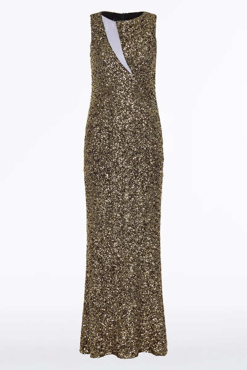 BRONZE CRUSHED SEQUIN MESH-INSERT DRESS - Image 6