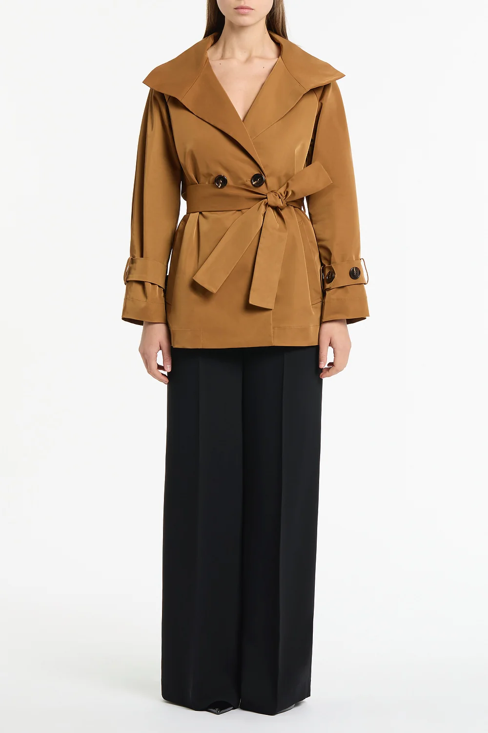 CAMEL TAFFETA TWILL SHORT TRENCH COAT