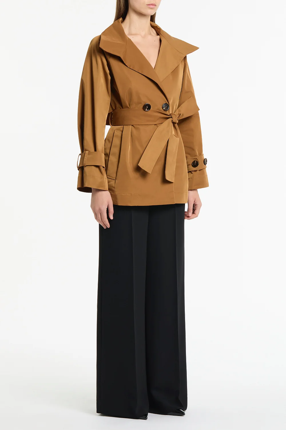 CAMEL TAFFETA TWILL SHORT TRENCH COAT - Image 2
