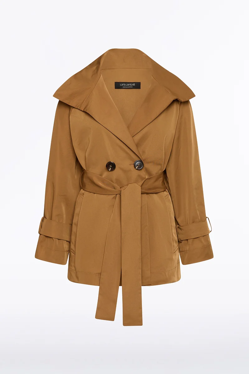 CAMEL TAFFETA TWILL SHORT TRENCH COAT - Image 4