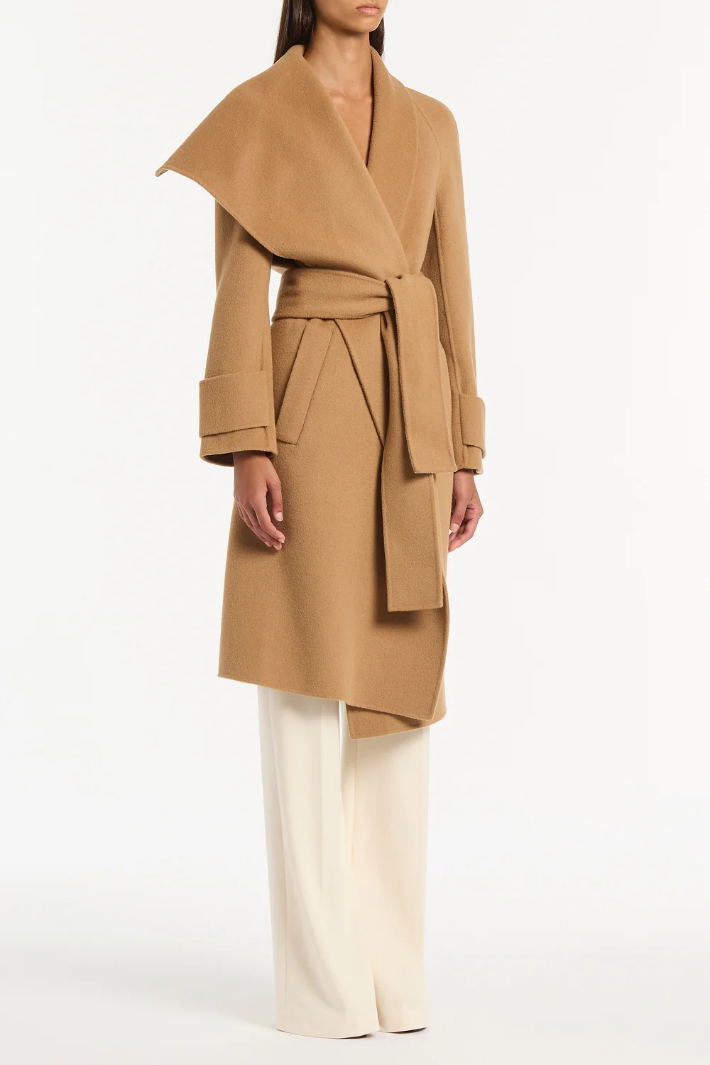 CAMEL WOOL DRAPE FRONT COAT - Image 3