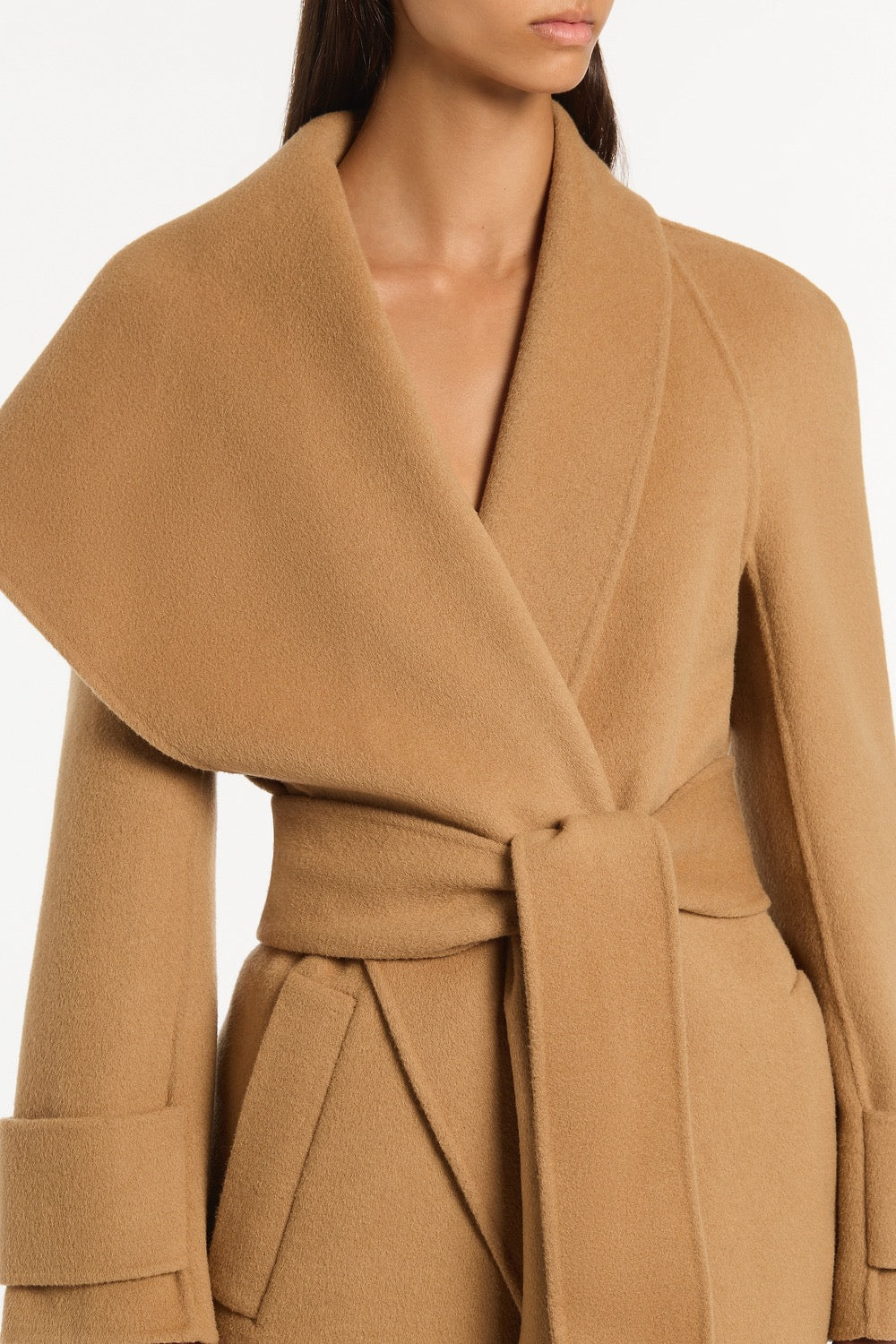 CAMEL WOOL DRAPE FRONT COAT - Image 4