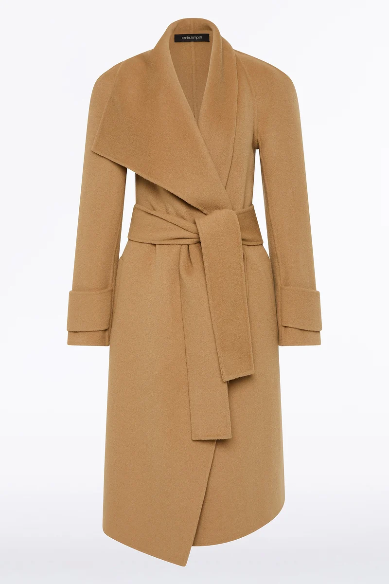 CAMEL WOOL DRAPE FRONT COAT - Image 5
