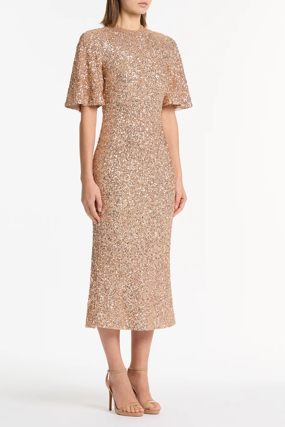 CHAMPAGNE CRUSHED SEQUIN BELL SLEEVE MIDI DRESS - Image 2